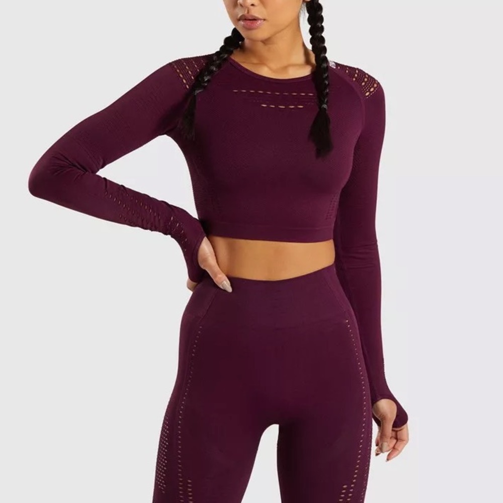 Deep Purple Set Leggings + Long Sleeve Crop Top - Picture 2 of 4